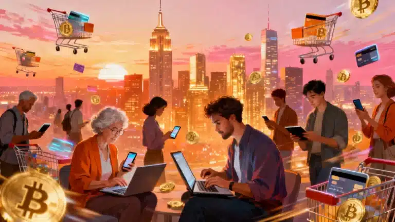 People happily shopping online on diverse devices, symbolizing growth in e-commerce