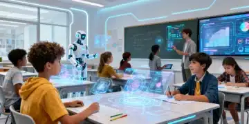 Students learning with AI technology in a modern classroom by 2026