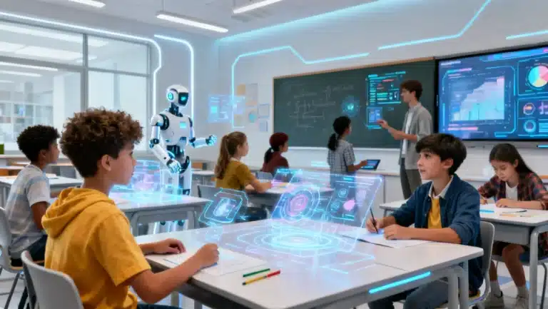 Students learning with AI technology in a modern classroom by 2026