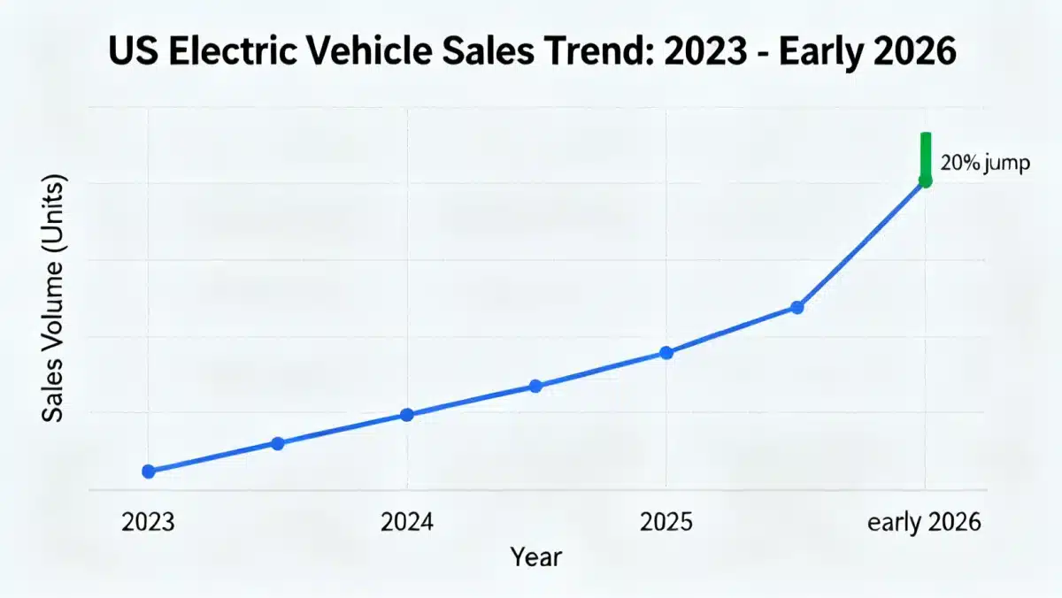 Graph showing a 20% increase in US electric vehicle sales in early 2026.