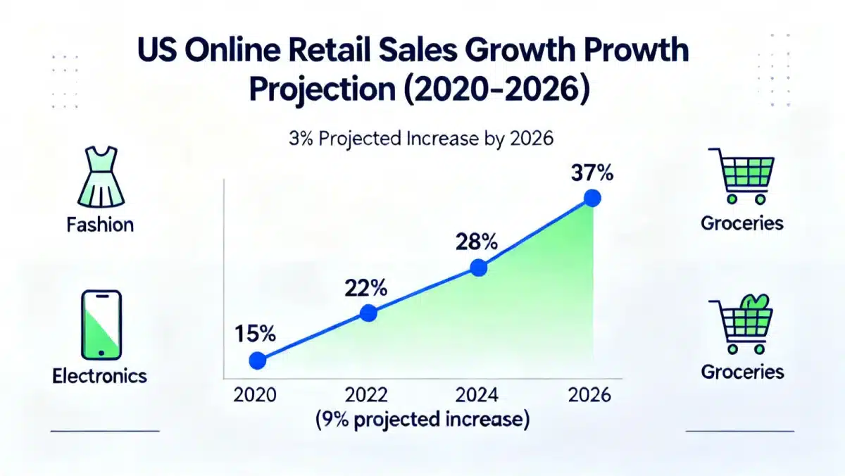 Infographic showing 9% growth in US online retail sales forecast by 2026