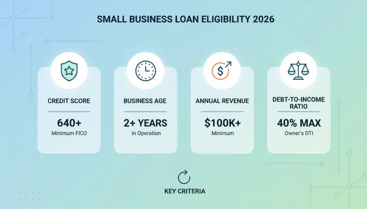 Infographic detailing 2026 small business loan eligibility criteria