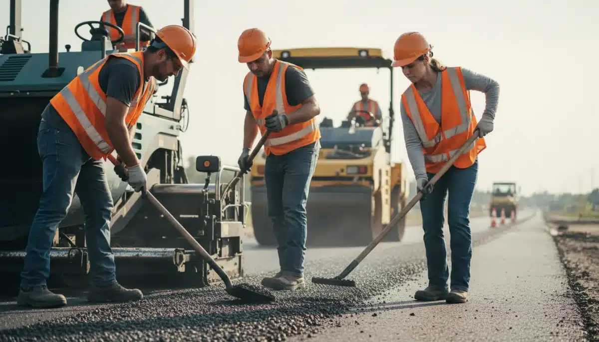 Construction workers operating heavy machinery on a new road project