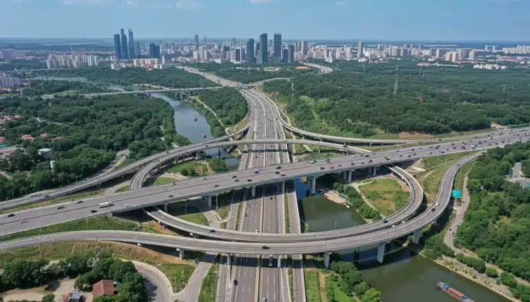 Modern highway interchange with multiple bridges symbolizing infrastructure progress