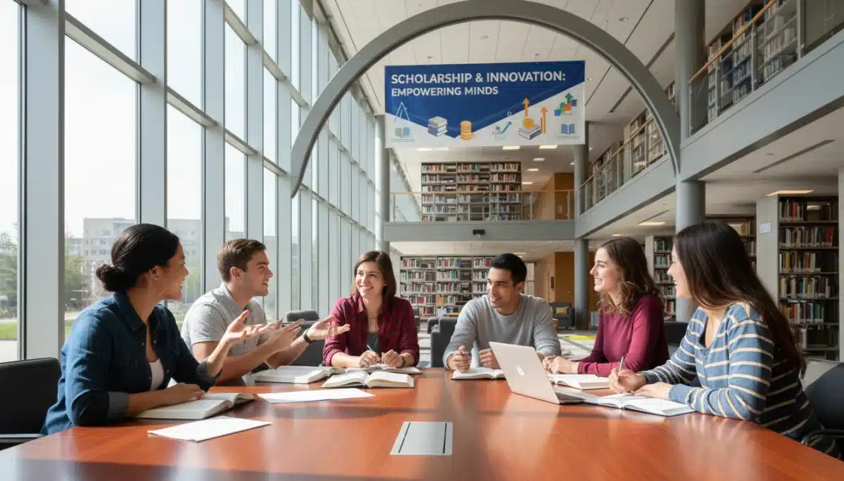 Diverse college students collaborating in a university library, benefiting from federal aid