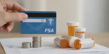 Hand holding an FSA card, money, and medicine, symbolizing reduced medical costs.