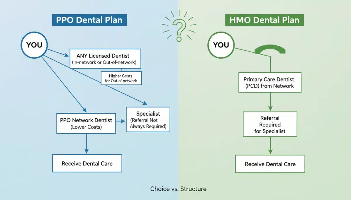 Infographic comparing PPO and HMO dental plan structures and network choices.