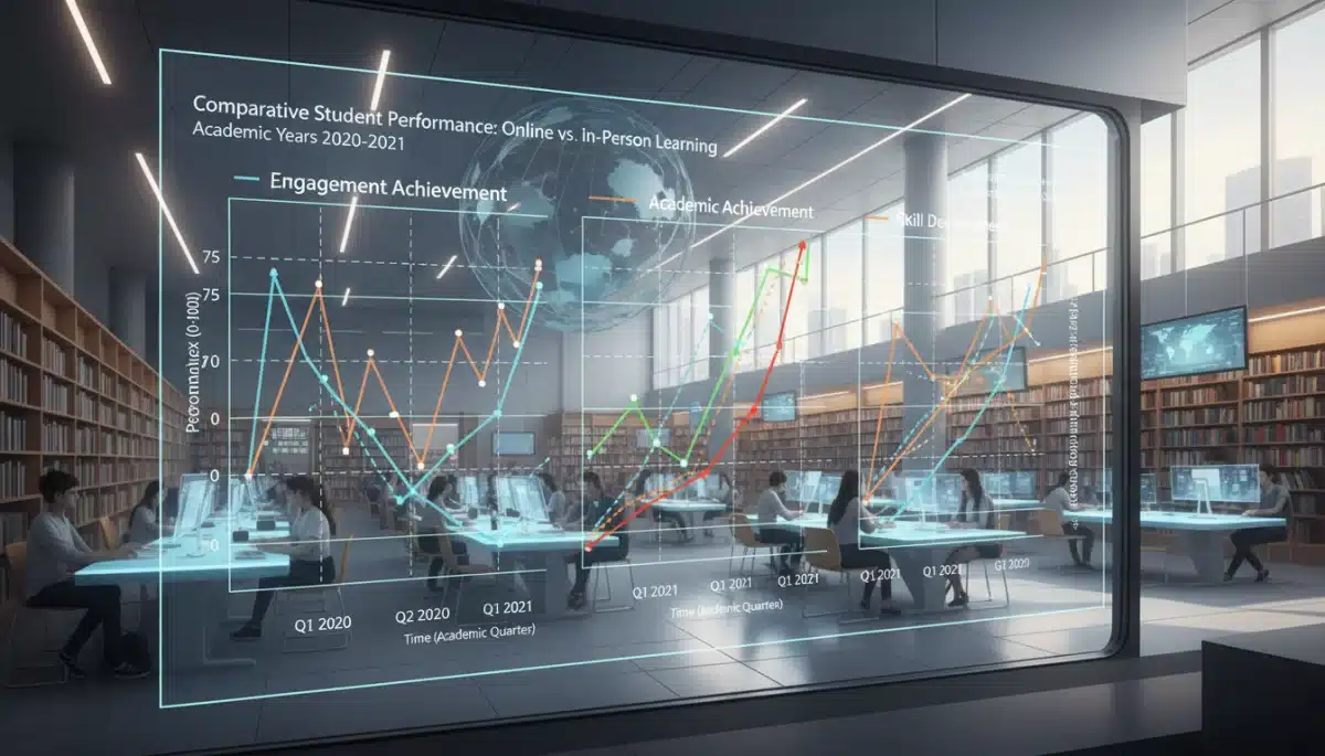 Data visualization comparing online and in-person student performance metrics