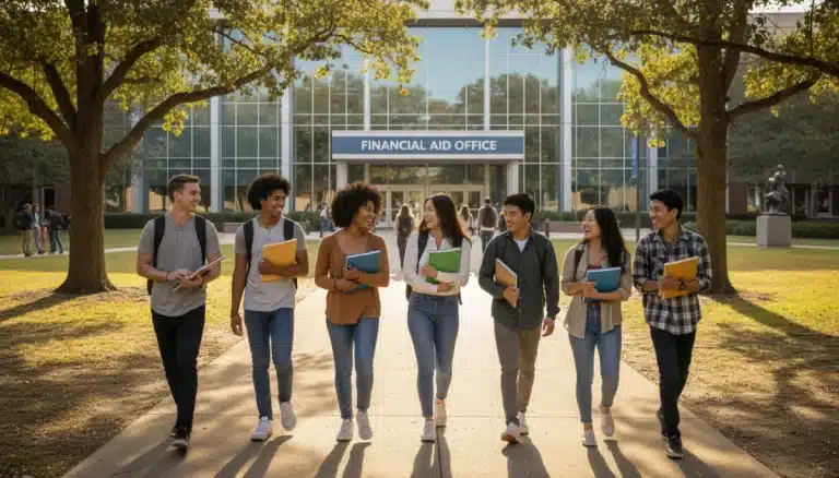 Students on university campus, symbolizing access to higher education through financial aid.