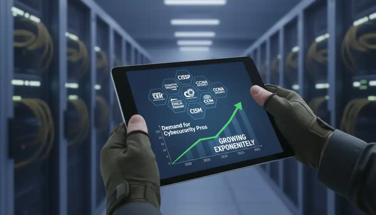 Cybersecurity certifications on a tablet, symbolizing in-demand skills