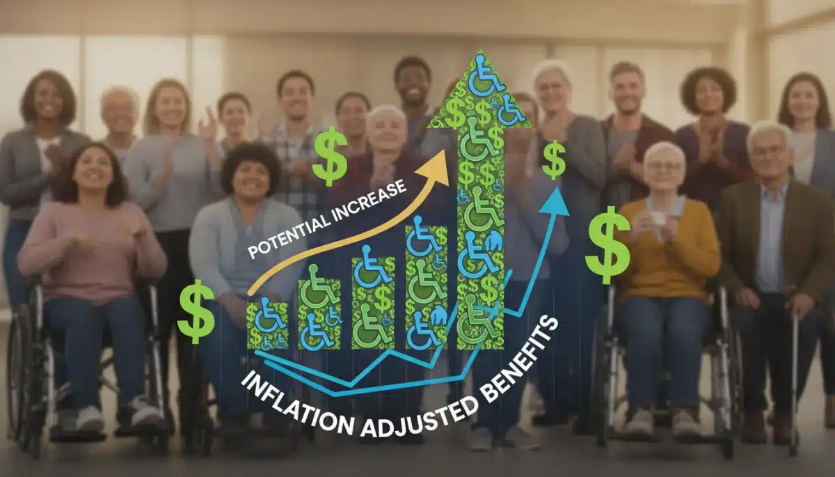 Financial chart with an upward arrow, dollar signs, and disability symbols, signifying increasing disability benefits.