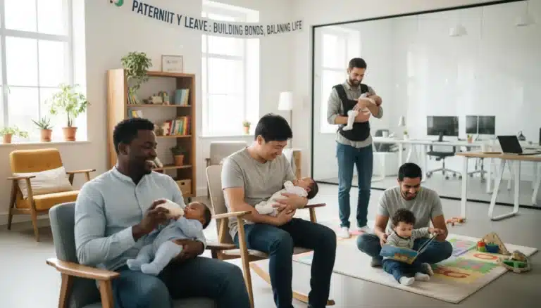 Fathers bonding with babies, symbolizing paternity leave benefits in 2026
