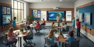 Students learning with technology in a modern K-12 classroom, reflecting new education policies focusing on digital literacy.