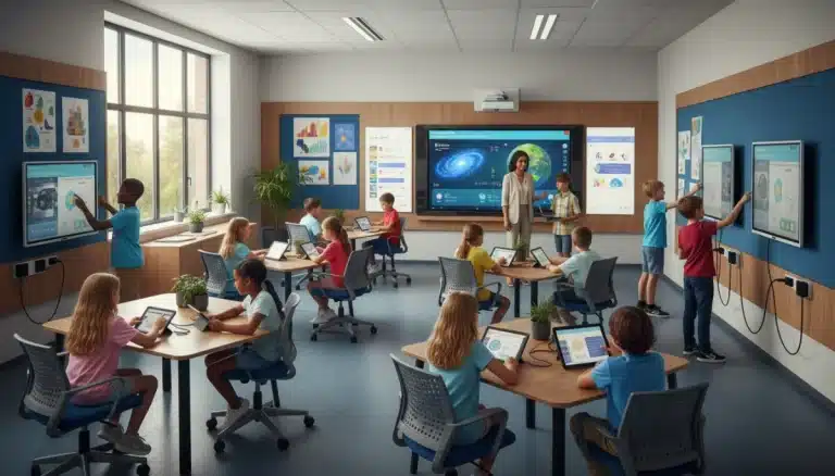 Students learning with technology in a modern K-12 classroom, reflecting new education policies focusing on digital literacy.