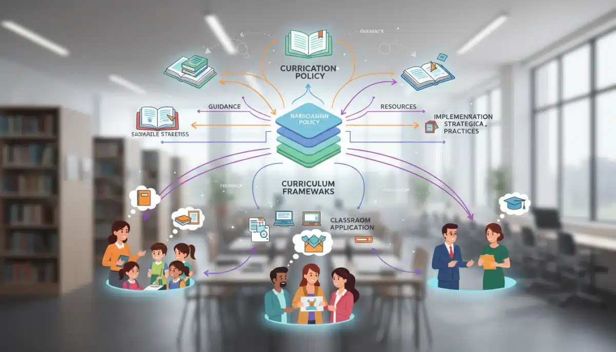 Diagram illustrating the flow from education policies to K-12 curriculum development and stakeholder involvement.