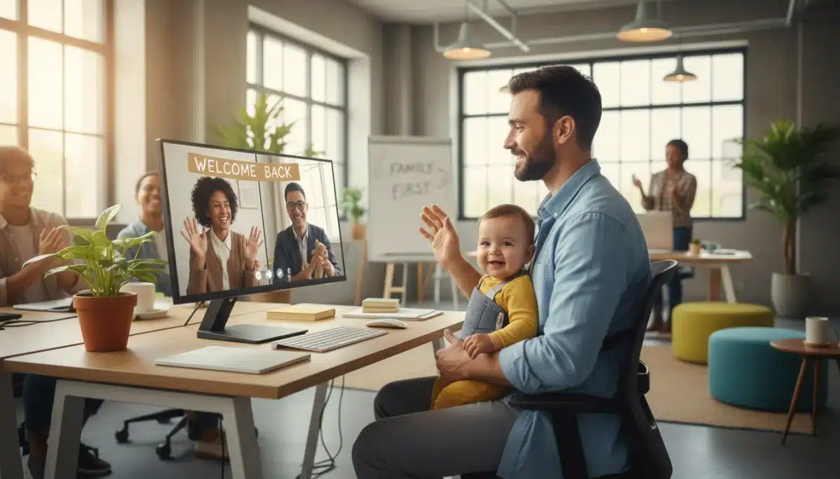 Father working remotely with baby, demonstrating flexible paternity leave