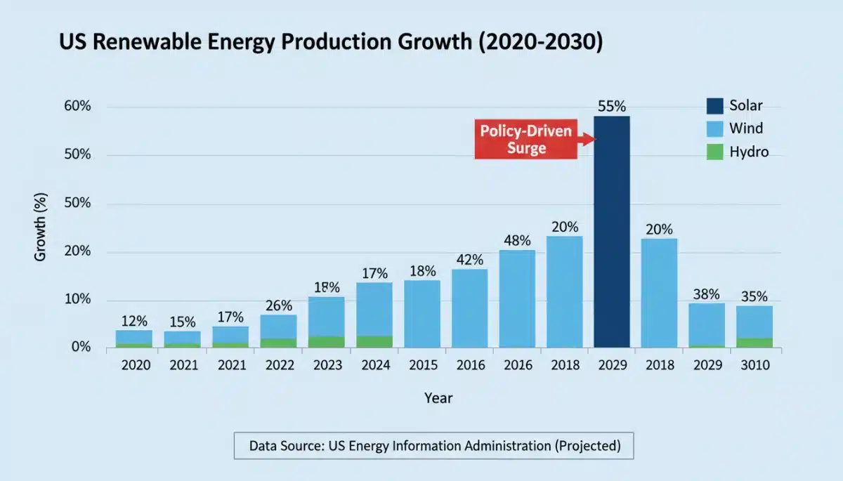 Infographic showing a significant increase in US renewable energy production by 12% in 2026, highlighting solar and wind contributions.