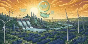 Illustration of diverse renewable energy sources powering the US, symbolizing a 12% production jump in 2026.