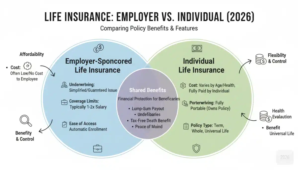 Infographic comparing benefits of employer-sponsored and individual life insurance.