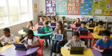 Students learning with technology in an inclusive classroom, highlighting digital access.