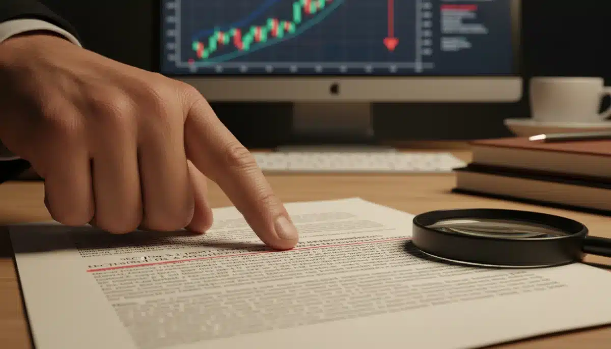 Hand pointing to investor protection clause in regulatory document