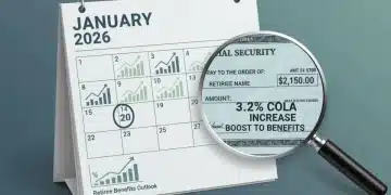 January 2026 calendar, Social Security check, and financial charts representing the 3.2% COLA increase for retirees.