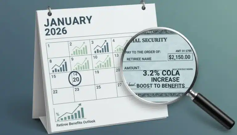 January 2026 calendar, Social Security check, and financial charts representing the 3.2% COLA increase for retirees.