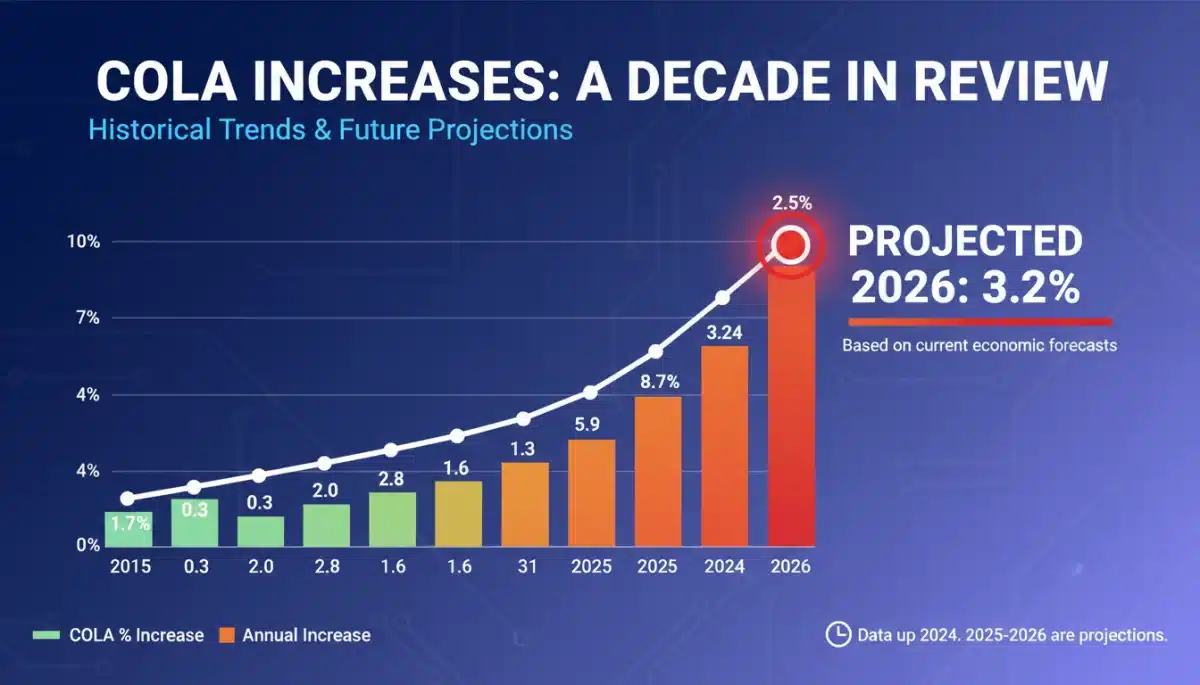 Historical COLA increases chart showing trends and projected 2026 3.2% adjustment.