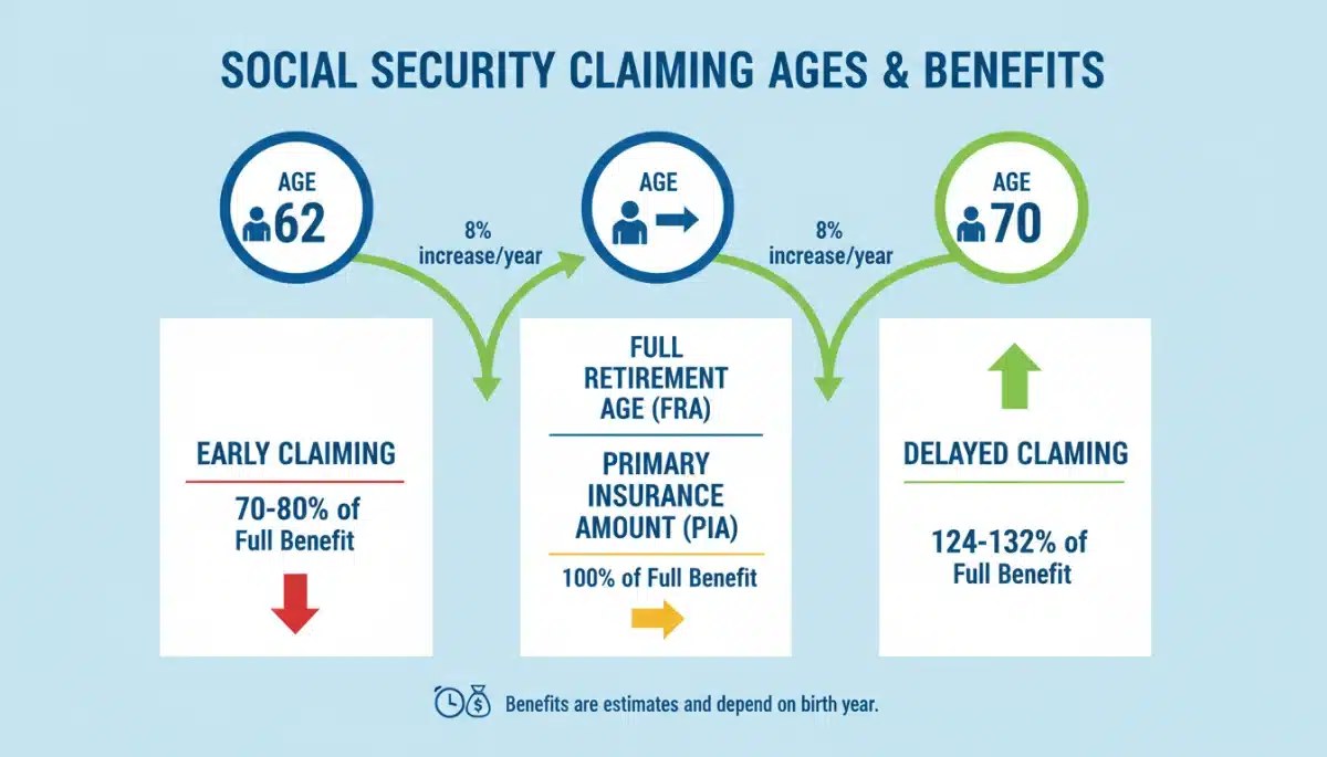 Infographic showing Social Security claiming age impact on benefits
