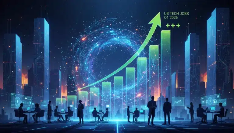 Dynamic visual representing 5% tech job market growth in US Q1 2026