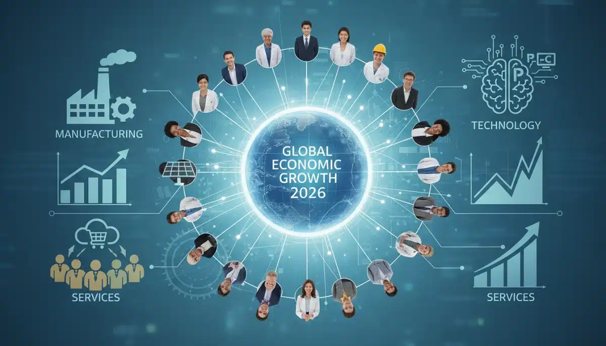Diversified economic sectors contributing to 2026 GDP growth with innovation and workforce integration.