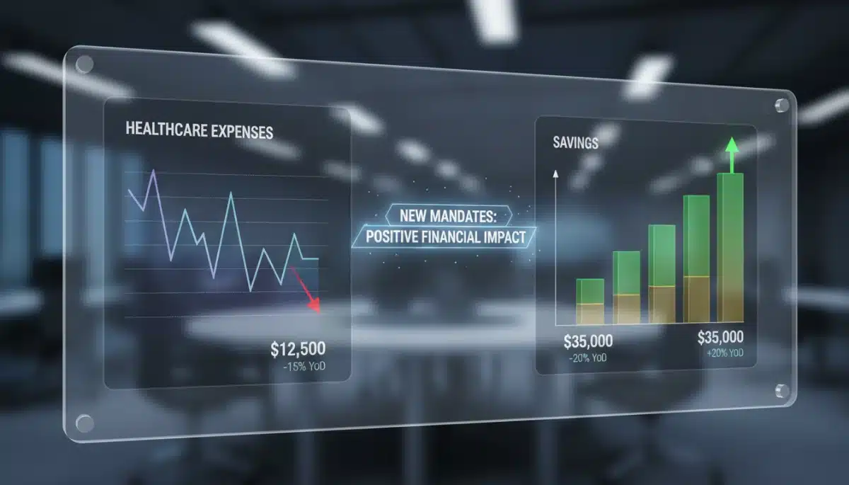 Digital financial dashboard showing reduced healthcare expenses and increased savings