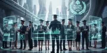 Professionals analyzing data on holographic screens after completing master's degrees, symbolizing future career growth and return on investment.