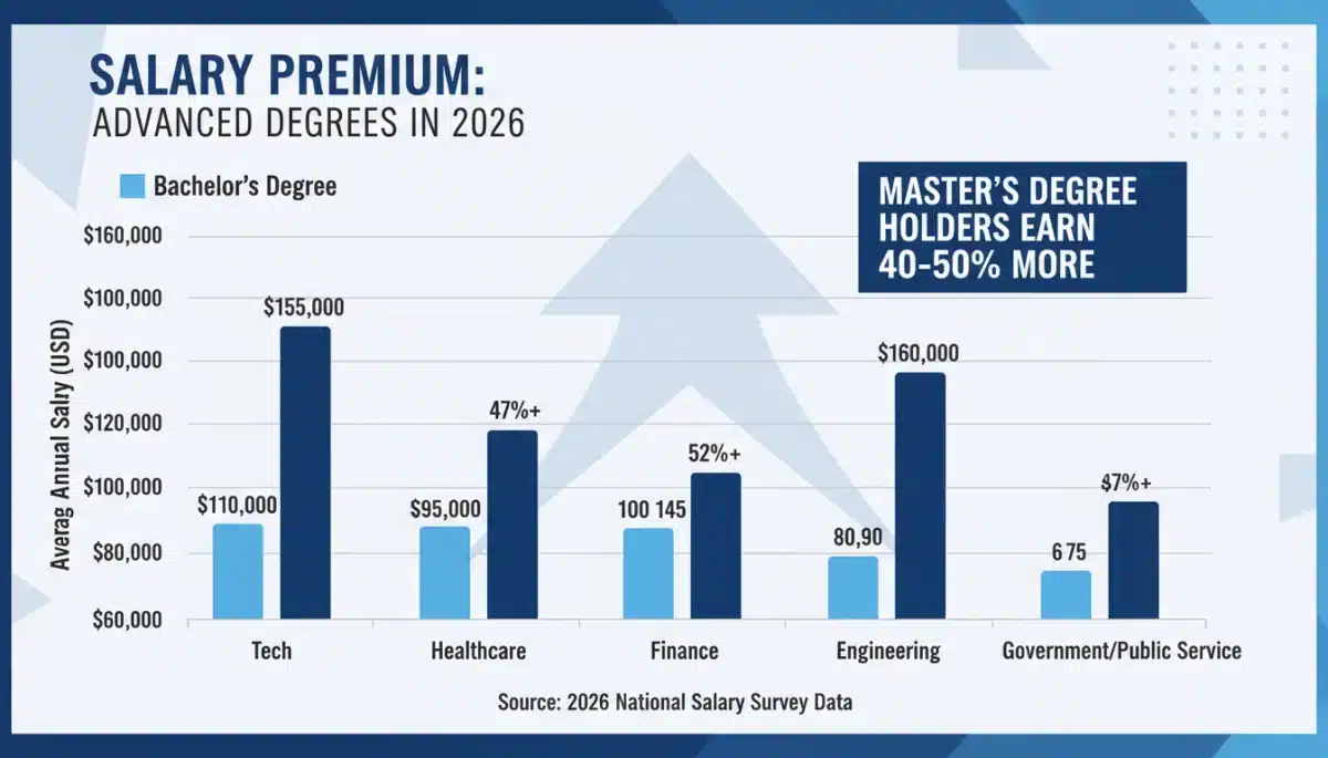 Infographic comparing bachelor's and master's degree salaries in 2026 across different sectors, illustrating the financial advantage of postgraduate education.