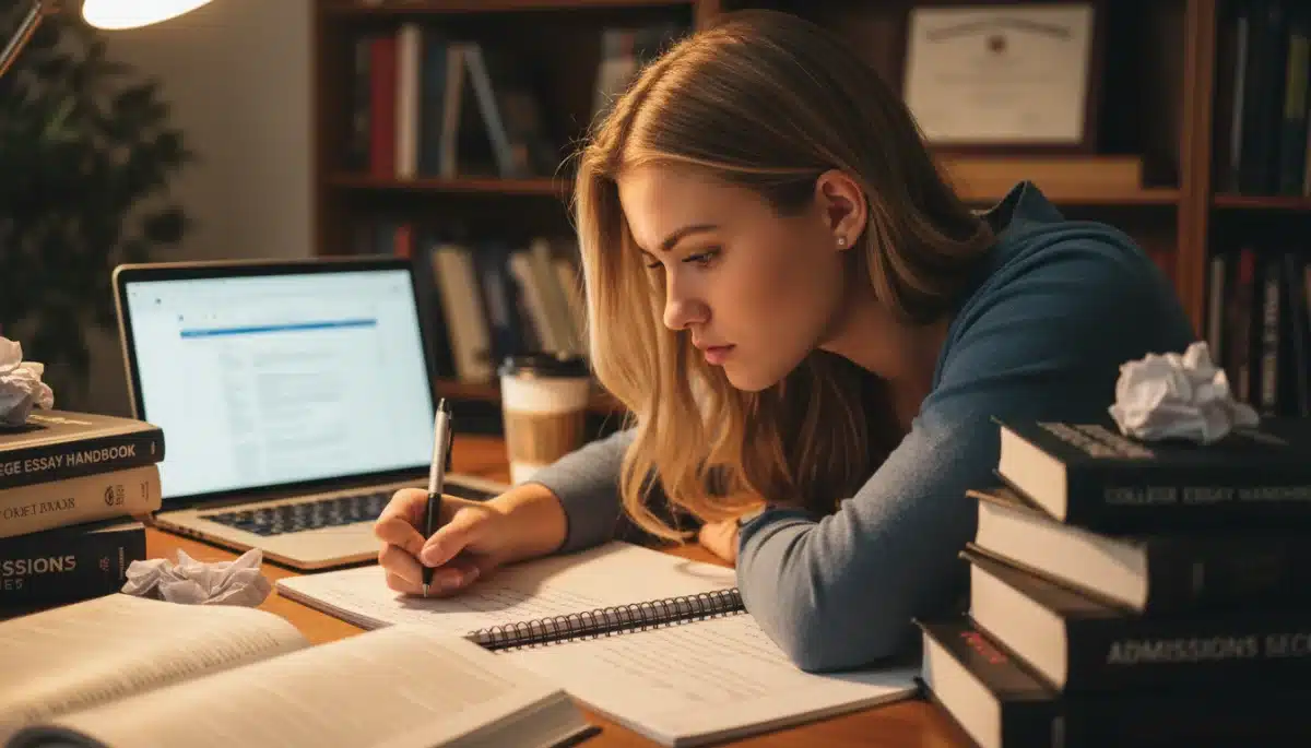 Student writing college application essay with focus