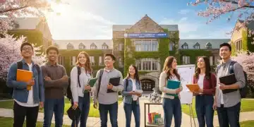 Students confidently looking at university campus building