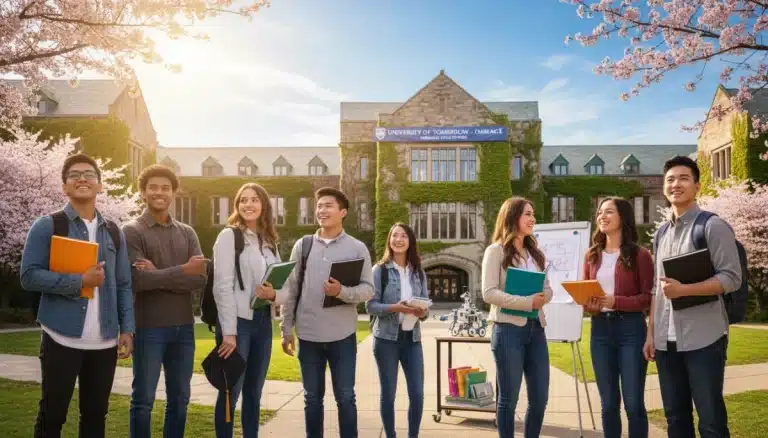 Students confidently looking at university campus building